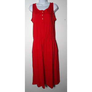 Lands End Maxi Dress Red Cinched Large Red Sleeveless Cotton Long Stretch Button